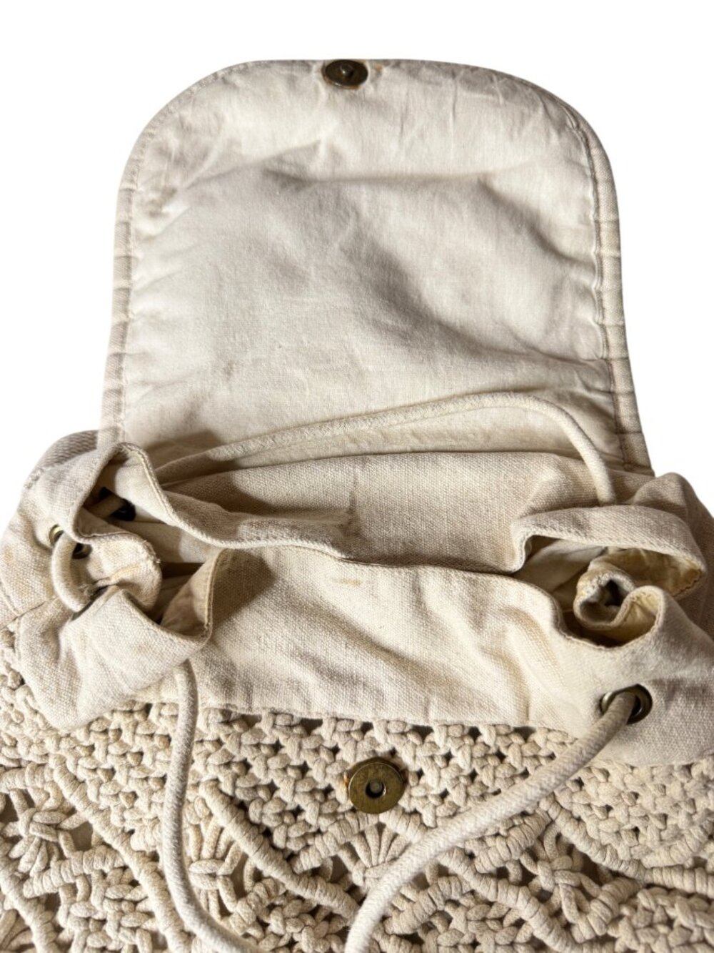 Handmade Macrame Backpack W/Adjustable Straps Canvas Back & Drawstring Closure - Picture 6 of 11